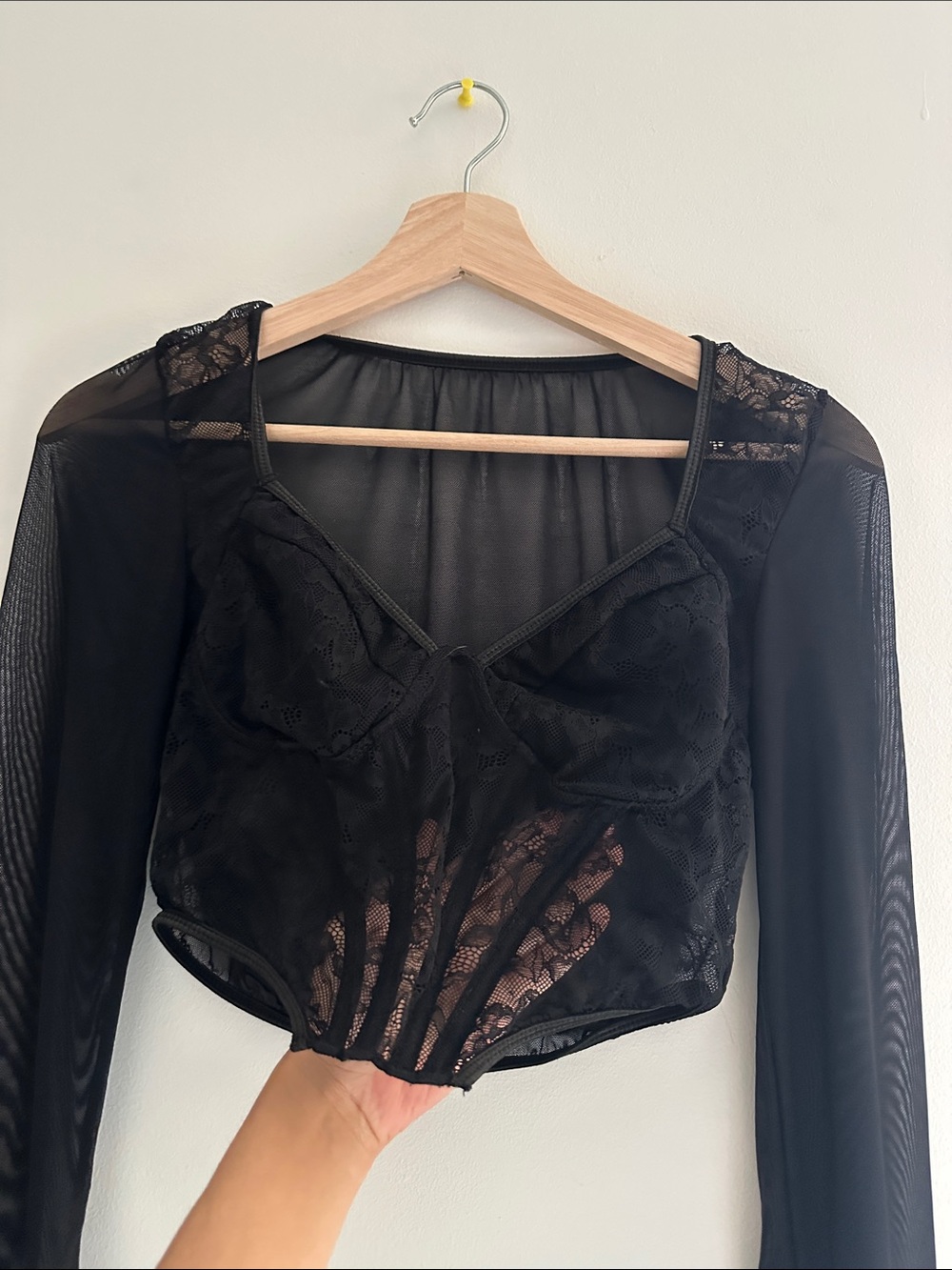 Sheer Black Lace-Trim Long Sleeve Bodysuit